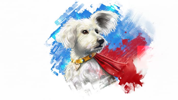 Krypto the Superdog with Red Cape and Blue and Red Splatter