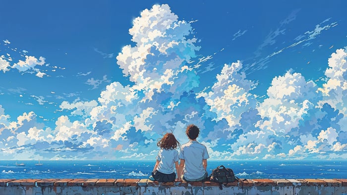 Couple Sitting on a Wall Under the Clouds