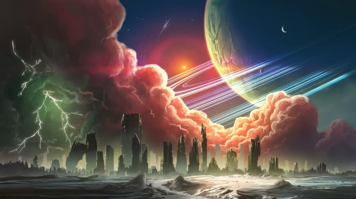 Cosmic Storm Over Alien Metropolis