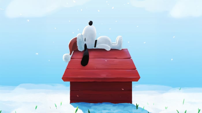Snoopy Wearing Santa Hat on Dog House in Snow