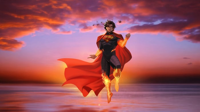 Superman flying over the ocean at sunset