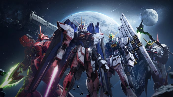Gundam Mobile Suits in Space with Planets