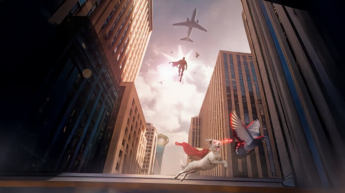 Superman and Krypto the Superdog flying over a city