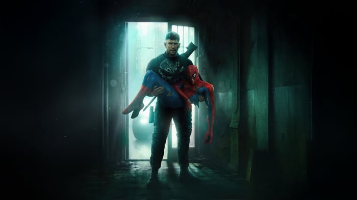 The Punisher carrying an injured Spider-Man