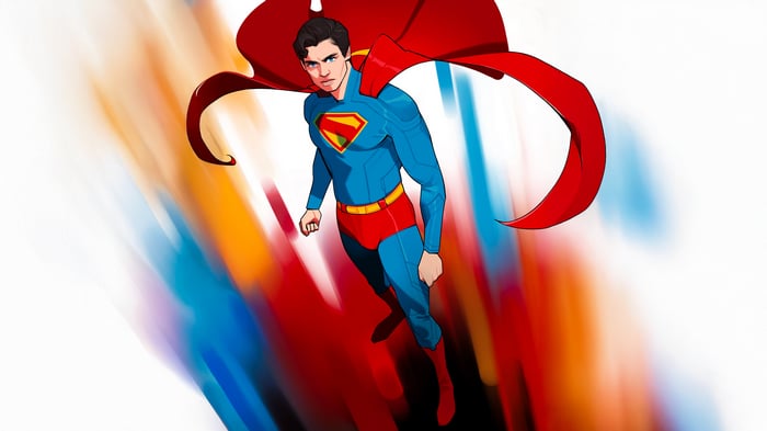 Superman flying with a red cape