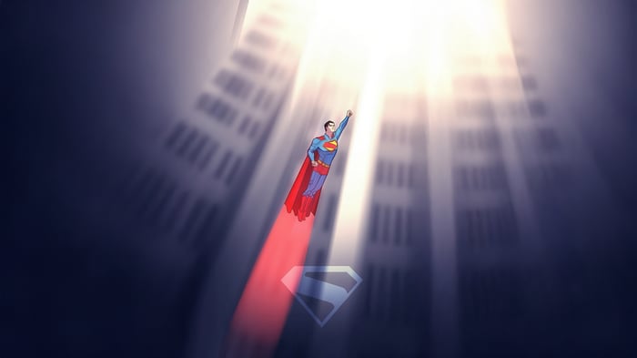 Superman flying through sunbeams in a city