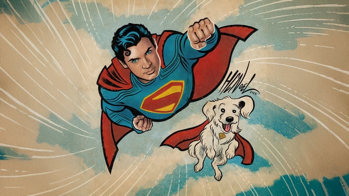 Superman and Krypto flying through the sky