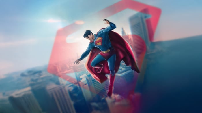 Superman flying over Metropolis with a large S logo
