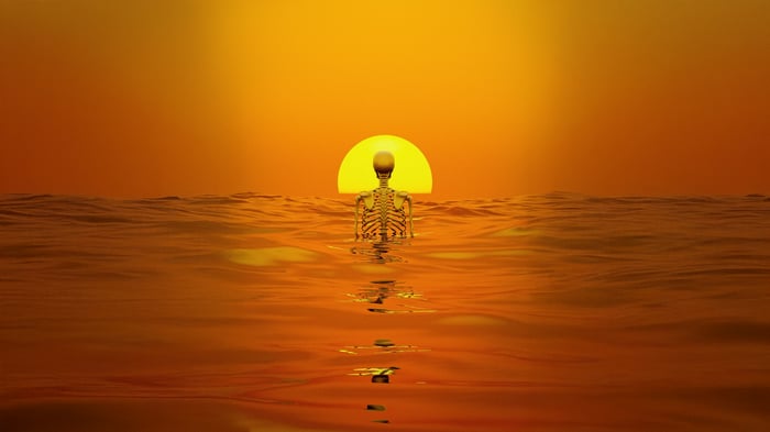 Skeleton in the ocean at sunset