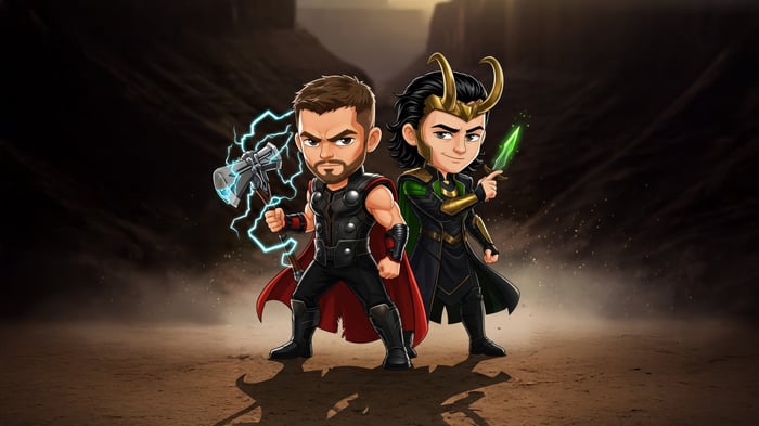 Chibi Thor and Loki in a desert landscape