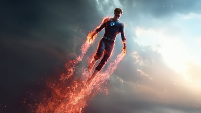 Human Torch flying with flames