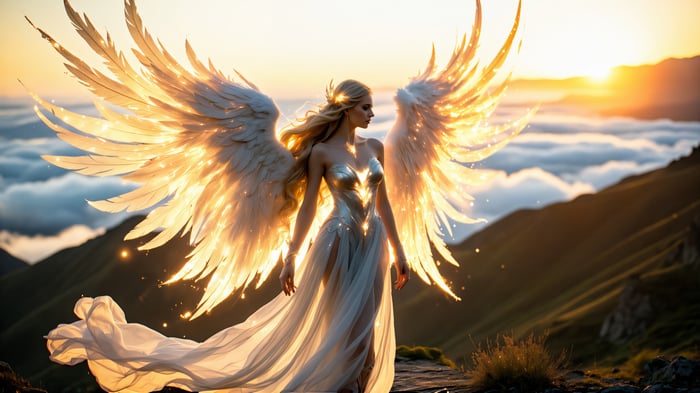 Angel with glowing wings at sunset over mountains