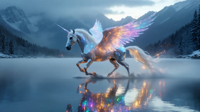 Winged Unicorn Walking on a Frozen Lake