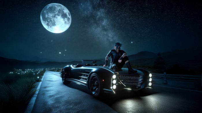 Noctis sits on a car under the starry night sky