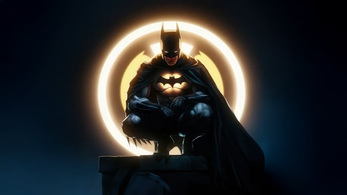 Batman Crouching in Front of a Glowing Symbol