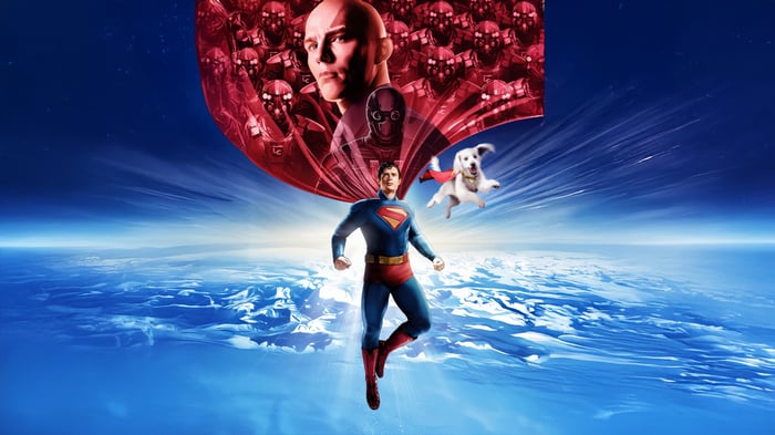 Superman and Krypto flying over Earth with Lex Luthor and Brainiac behind