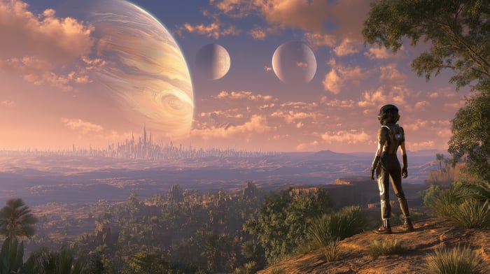 Explorer on a forgotten alien world with planets