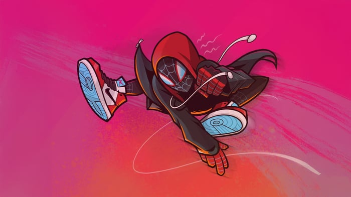 Miles Morales in a dynamic pose with headphones