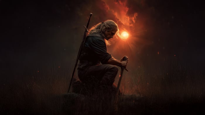 Geralt of Rivia kneeling with swords