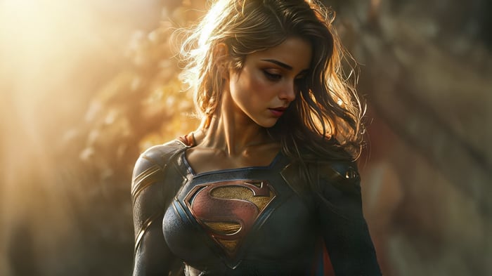 Supergirl in a dark costume with a red and gold S emblem
