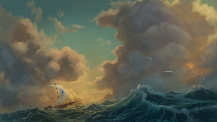 Ship sailing through stormy seas under dramatic clouds