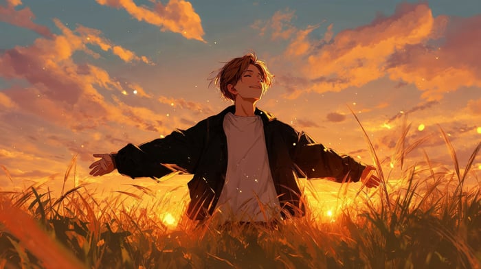 Anime boy in a field during golden hour