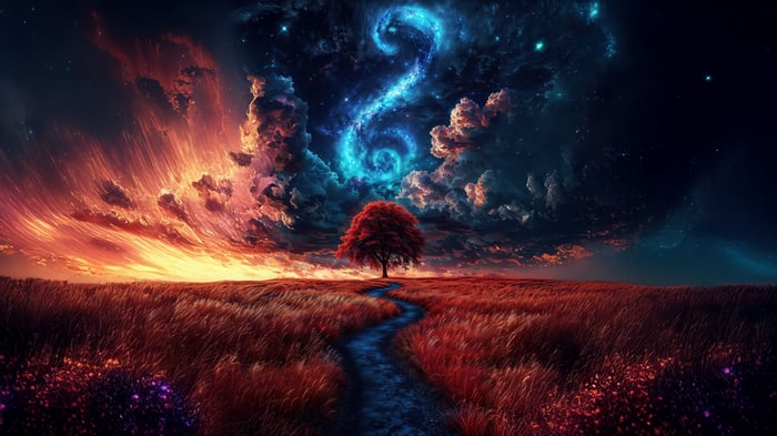 Red Tree in a Vast Field Under a Cosmic Sky