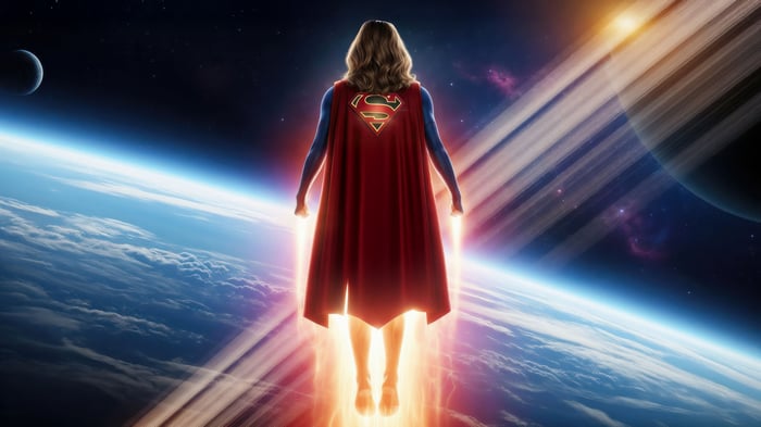 Supergirl flying in space with planets