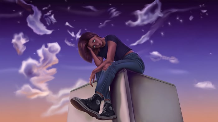 Girl sitting on a ledge under a purple sky