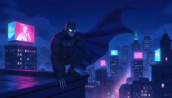 Batman crouches on a rooftop overlooking a neon city at night
