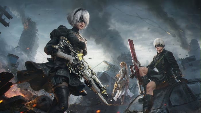 Nier Automata characters in a post-apocalyptic setting