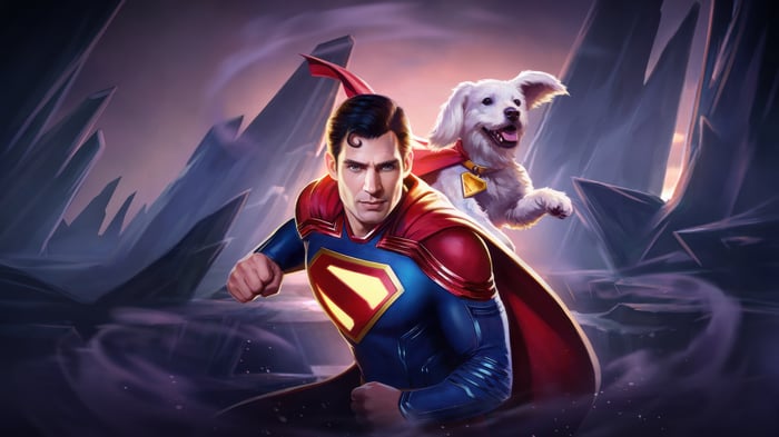 Superman and Krypto the Superdog in a fantasy landscape