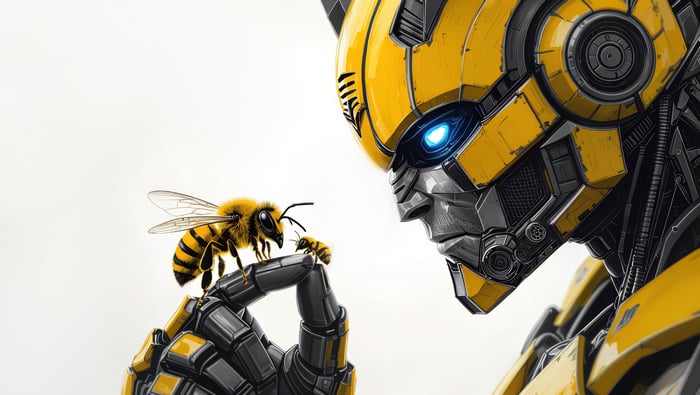Bumblebee and a bee on a finger