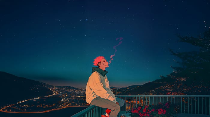 Ryomen Sukuna smoking under a starry night sky