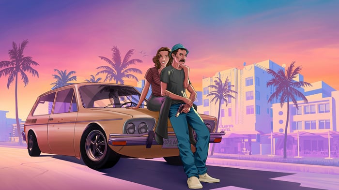 Don Ramón and a woman by a car with palm trees