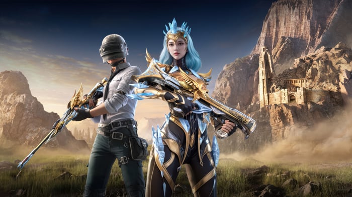 PUBG Characters with Fantasy Weapons in Mountainous Landscape