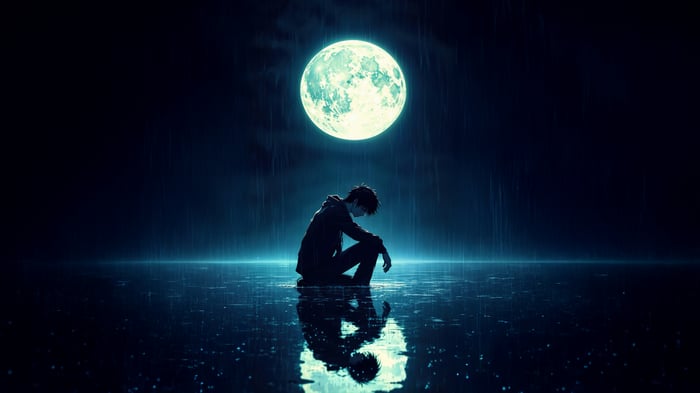 Lonely anime boy sits under a bright moon