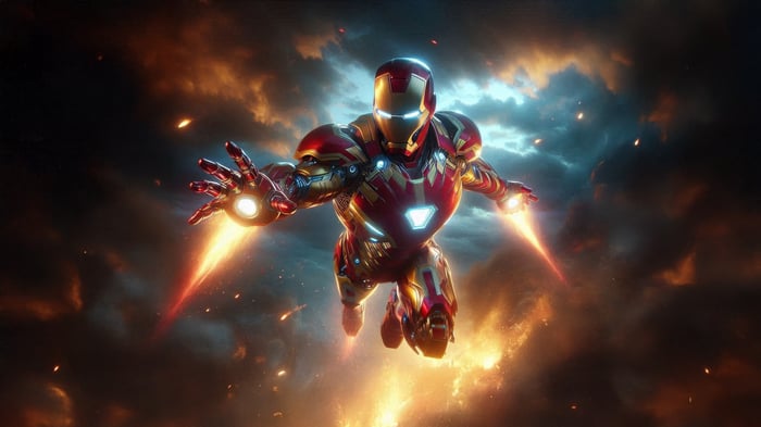 Iron Man in Flight Amidst Fiery Clouds