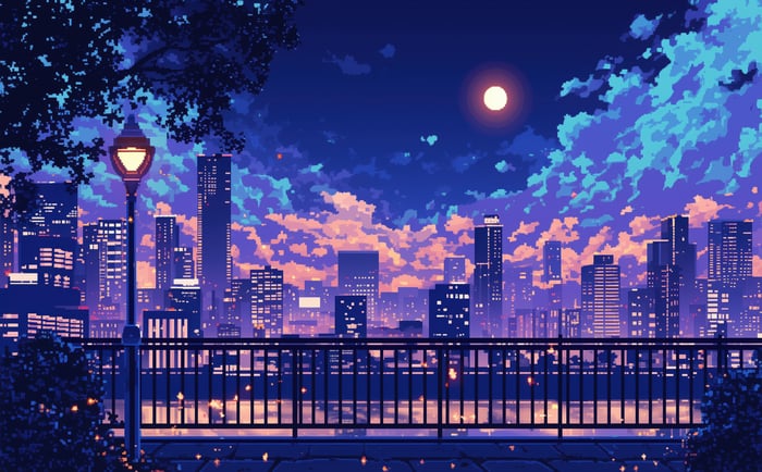 Pixel art cityscape at night with a full moon