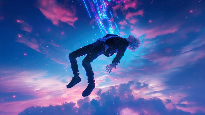 Man falling through colorful clouds with light beams