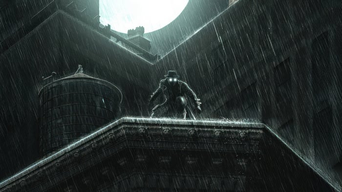 Spider-Man Noir on a Rooftop in the Rain