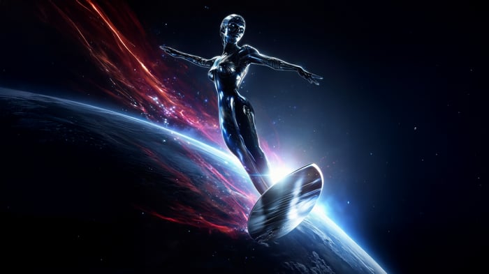 Silver Surfer riding a surfboard in space