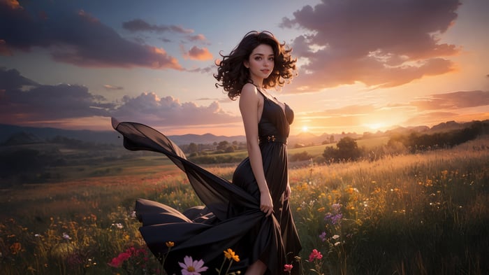 Elegant Fantasy Girl In Black Dress