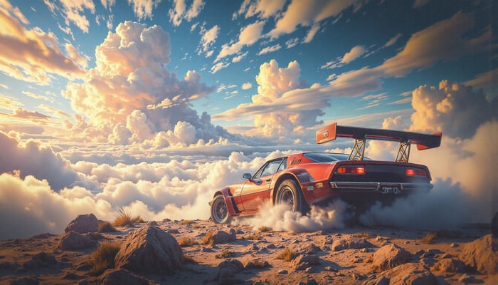 Red sports car racing through clouds