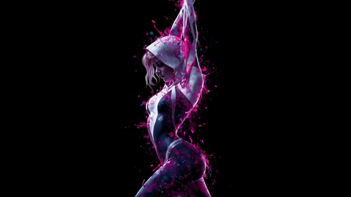 Gwen Stacy in a Spider-Man suit with pink and blue paint splatters