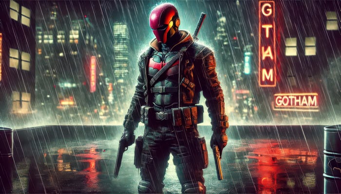 Red Hood in Gotham City during a rainstorm