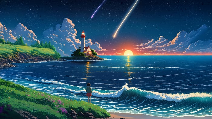 Sunset over the ocean with a lighthouse and shooting stars