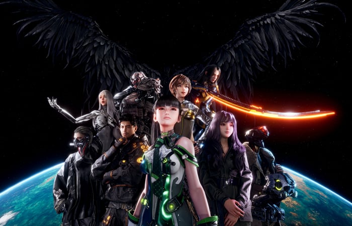 Stellar Blade characters with black wings and planet