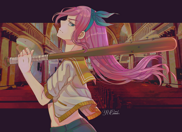 Aubrey holding a baseball bat in a church