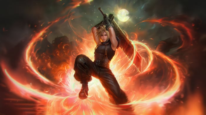 Cloud Strife in Final Fantasy with fiery aura